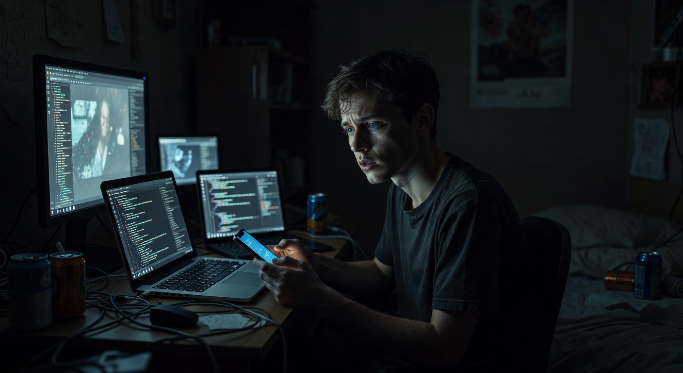 Um jovem solitário em um quarto escuro, cercado por telas de dispositivos digitais brilhantes, simbolizando a orfandade espiritual em um mundo conectado.